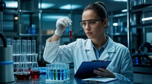 Científica en laboratorio con tubos de ensayo.