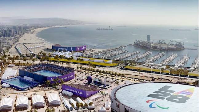 Vista aérea de instalaciones olímpicas en Los Ángeles 2028