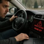 Hombre preocupado en un automóvil con alerta de acceso remoto en pantalla