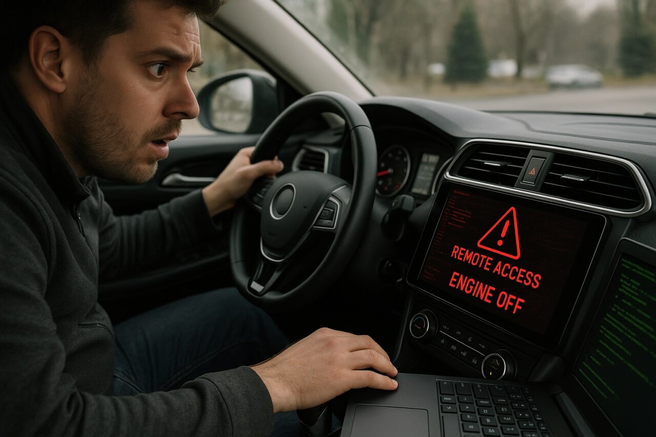 Hombre preocupado en un automóvil con alerta de acceso remoto en pantalla