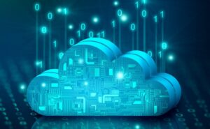 Ilustración de nube digital con circuitos y datos binarios