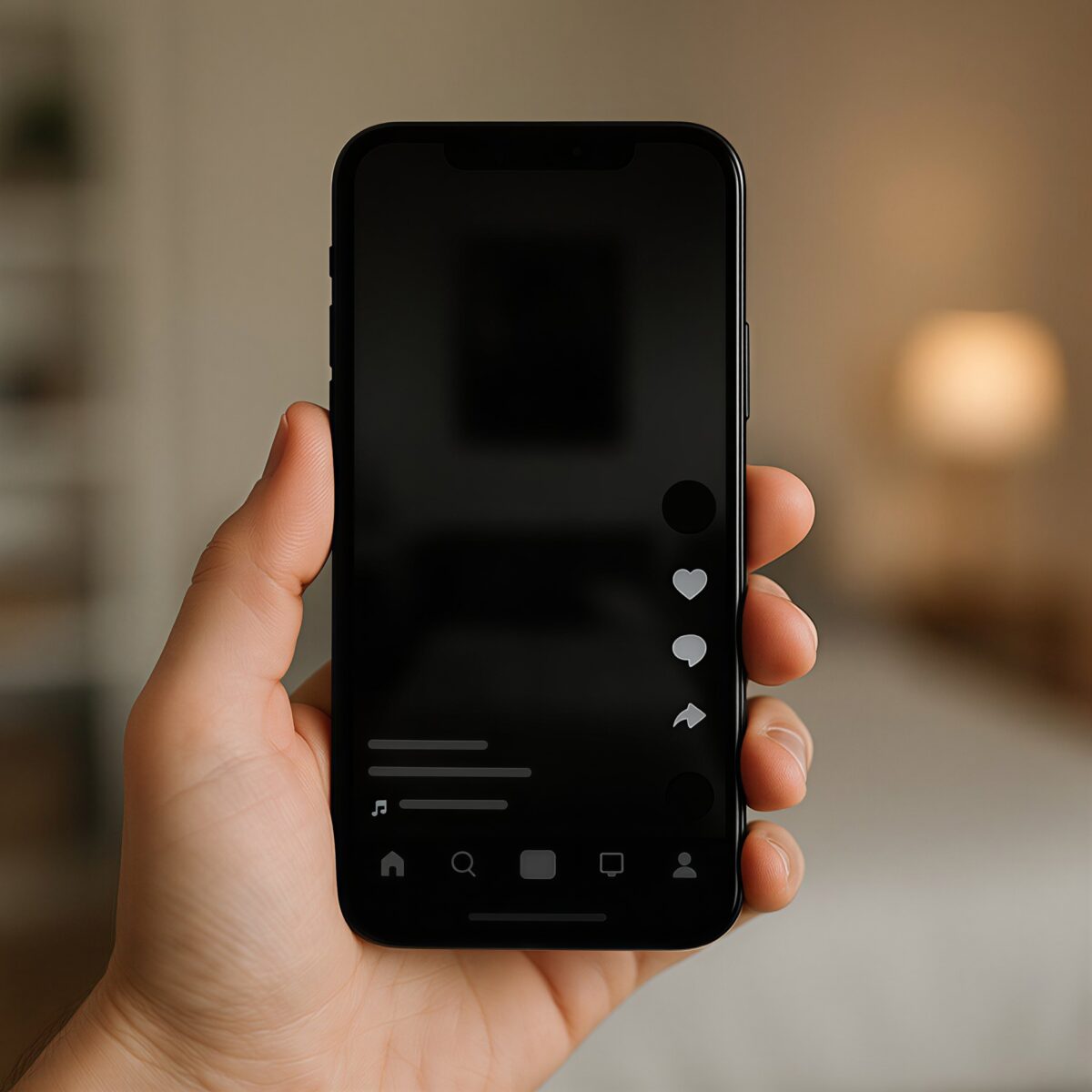 Teléfono móvil mostrando la interfaz de TikTok en un entorno interior