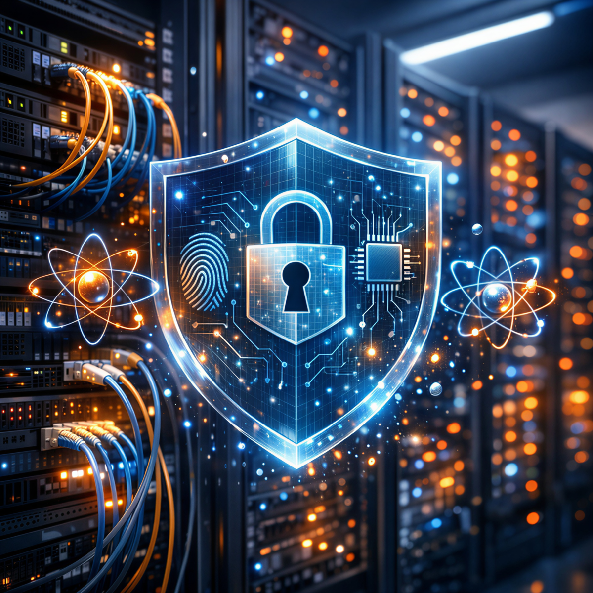 Escudo digital con candado y elementos de ciberseguridad en un servidor