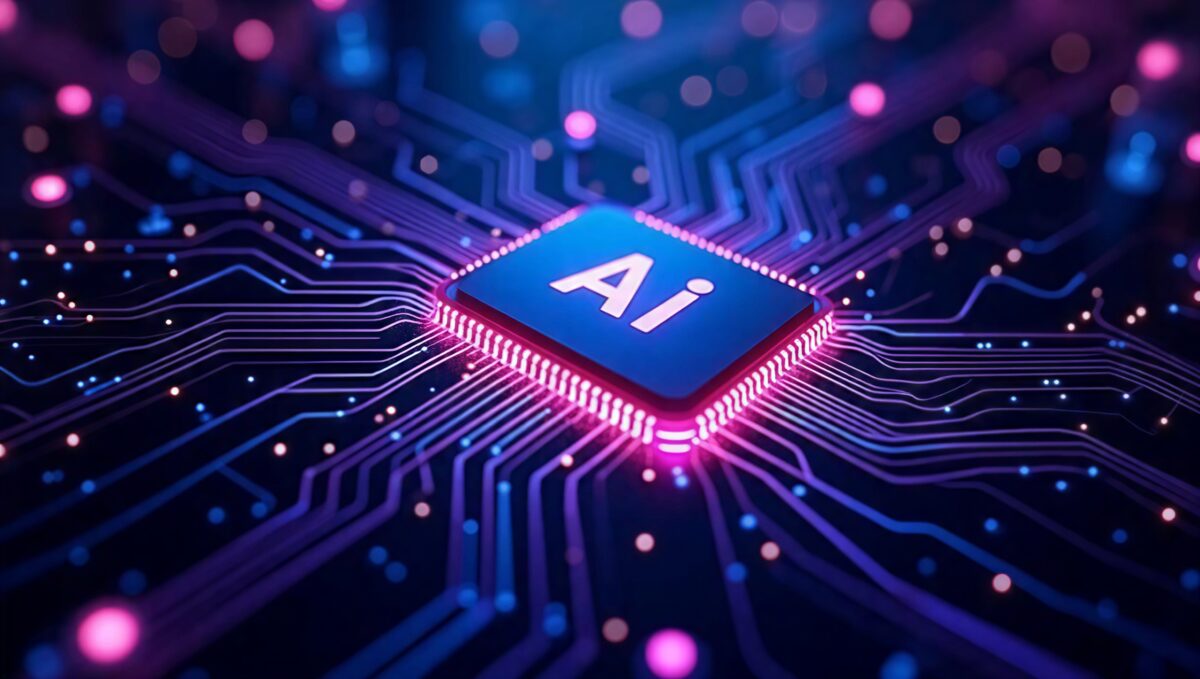 Circuito electrónico con un chip que tiene la etiqueta AI