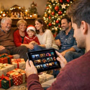 Familia disfrutando de regalos digitales en Navidad con un tablet