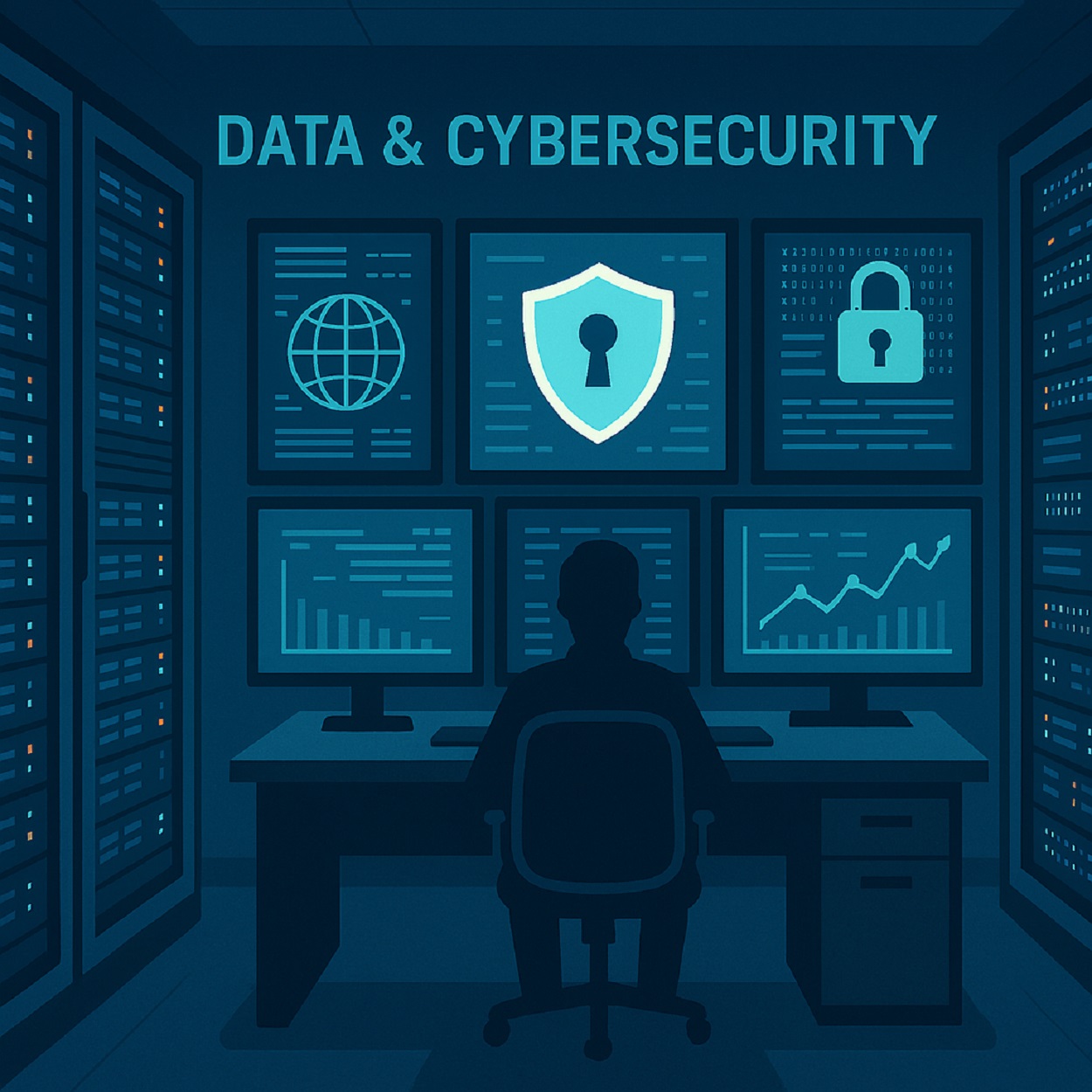 Ilustración de un profesional frente a pantallas sobre datos y ciberseguridad