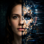 Mujer con un lado de su rostro pixelado representando deepfakes
