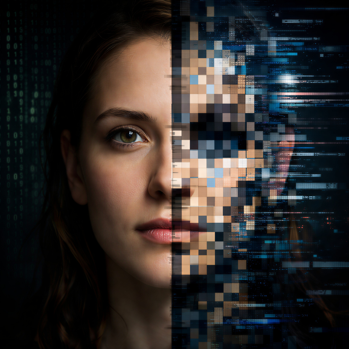 Mujer con un lado de su rostro pixelado representando deepfakes