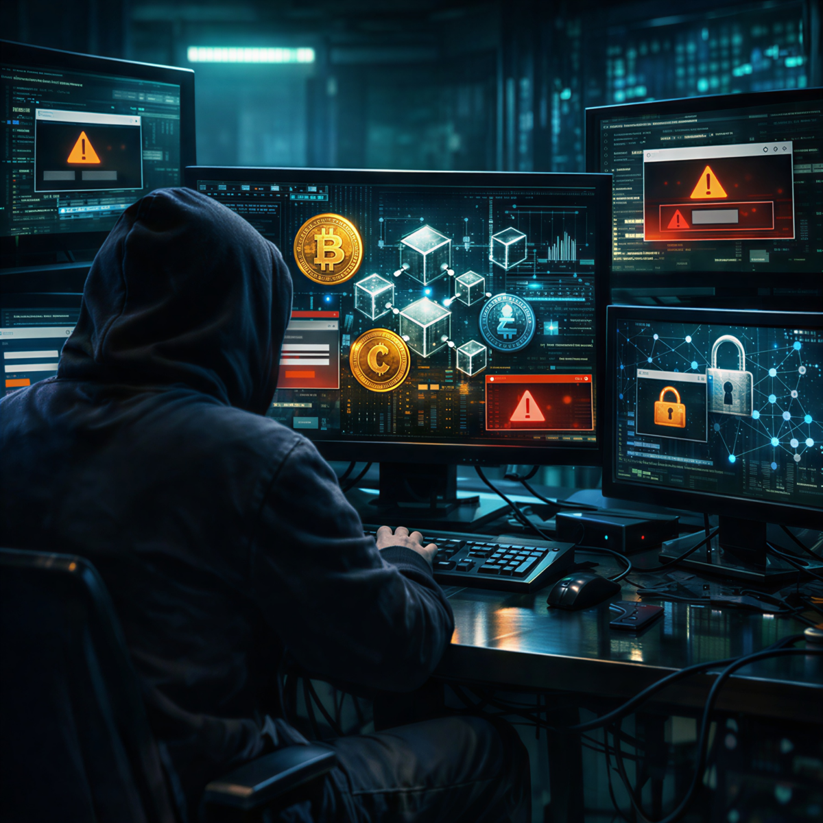 Cibercriminal trabajando en computadora con gráficos de criptomonedas y alertas de seguridad