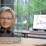 Avatar de un agente de IA en un entorno de oficina con gráficos en pantalla.