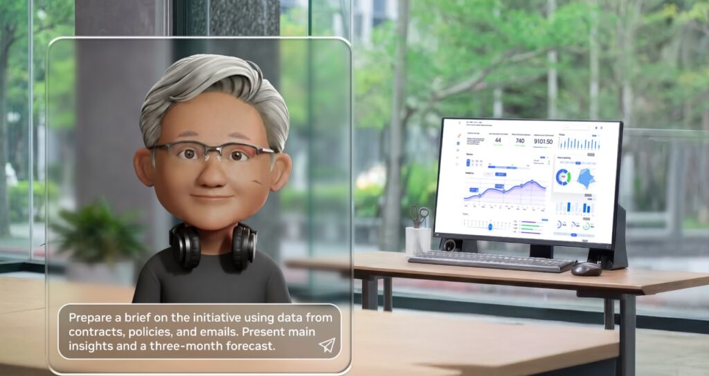 Avatar de un agente de IA en un entorno de oficina con gráficos en pantalla.
