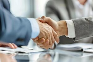 Dos manos estrechándose en un acuerdo empresarial
