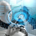 Robot analizando datos en un entorno automatizado con gráficos
