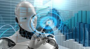 Robot analizando datos en un entorno automatizado con gráficos