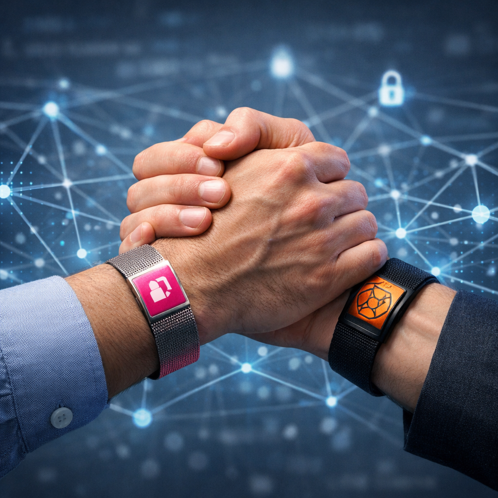 Dos manos unidas con pulseras tecnológicas en un fondo digital