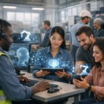 Grupo de empleados utilizando tecnología de inteligencia artificial en un entorno laboral