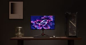 Monitor ASUS ROG Swift OLED con diseño moderno y teclado en un escritorio