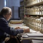Persona revisando documentos en un archivo durante un curso de verano