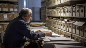 Persona revisando documentos en un archivo durante un curso de verano