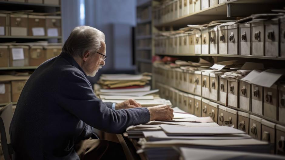 Persona revisando documentos en un archivo durante un curso de verano