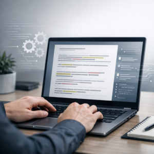 Persona trabajando en computadora con gráficos y datos en pantalla